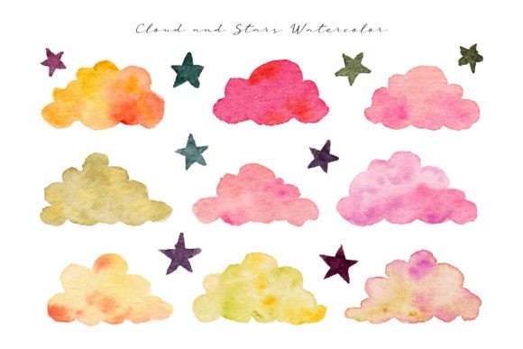 Trendy Color Cloud and Stars Watercolor Illustrations for Crafters & Handmade Sellers