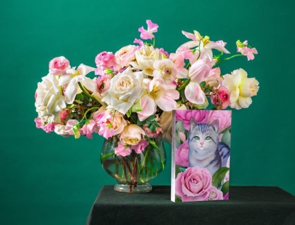 Watercolor Cat with Peonies Illustration for Crafters & Etsy Sellers